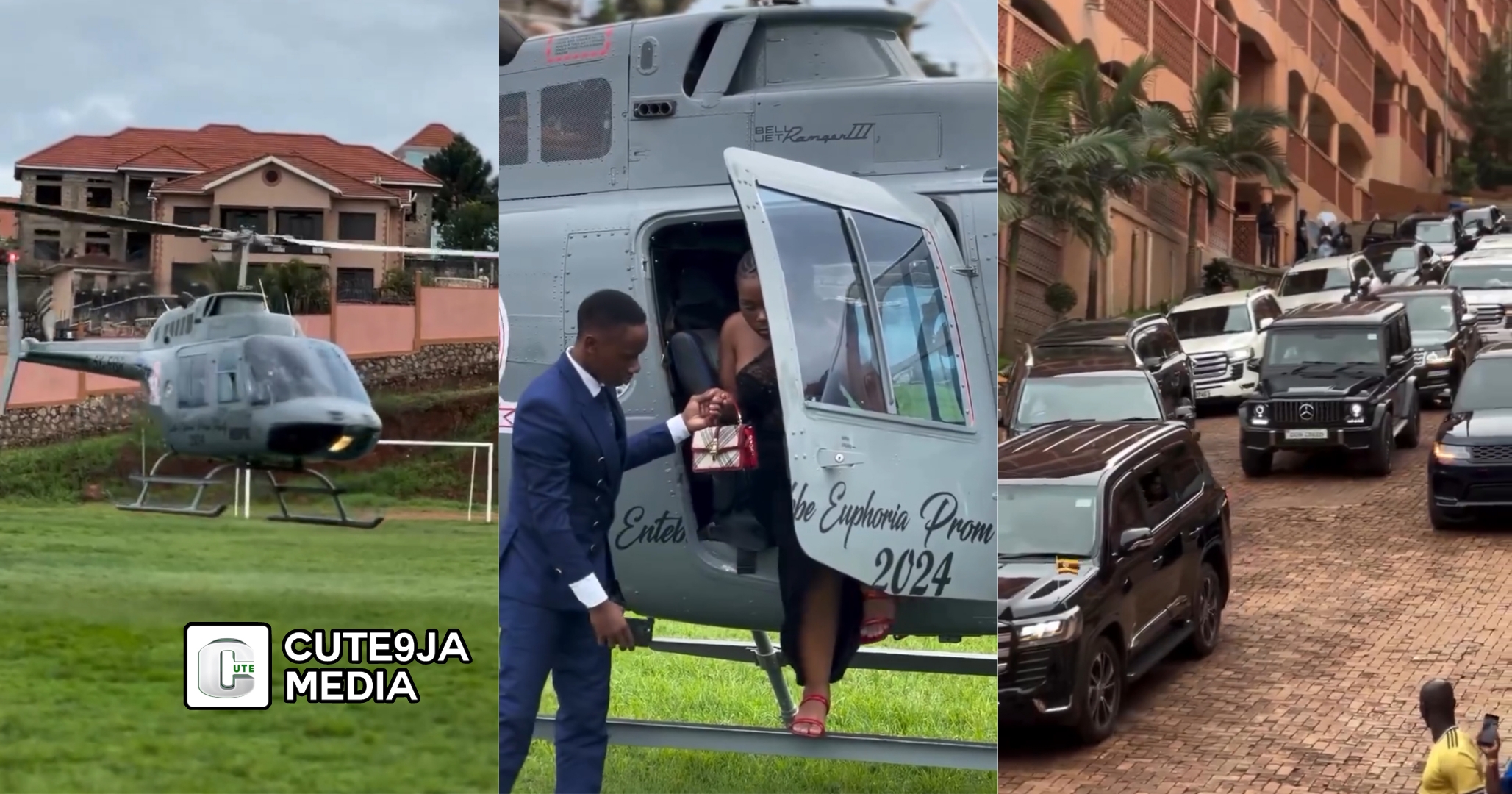 “She Don break Record” – Secondary school students arrive graduation party in helicopter, convoy (Watch)