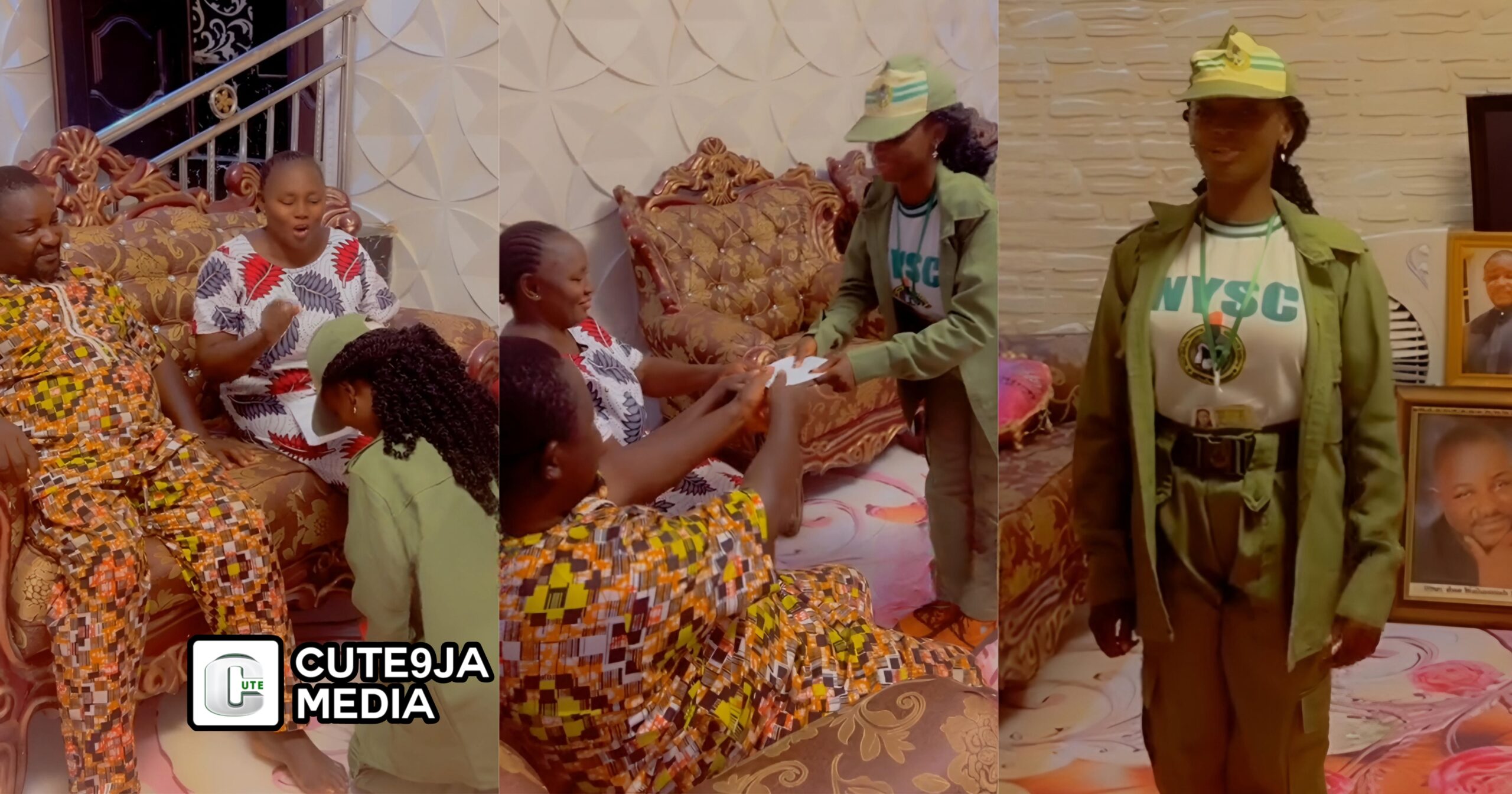 “They Deserve my first Alawee, they tried for me” – Youth corps member presents first NYSC allowance of ₦33,000 to her parents, salutes them (Watch)